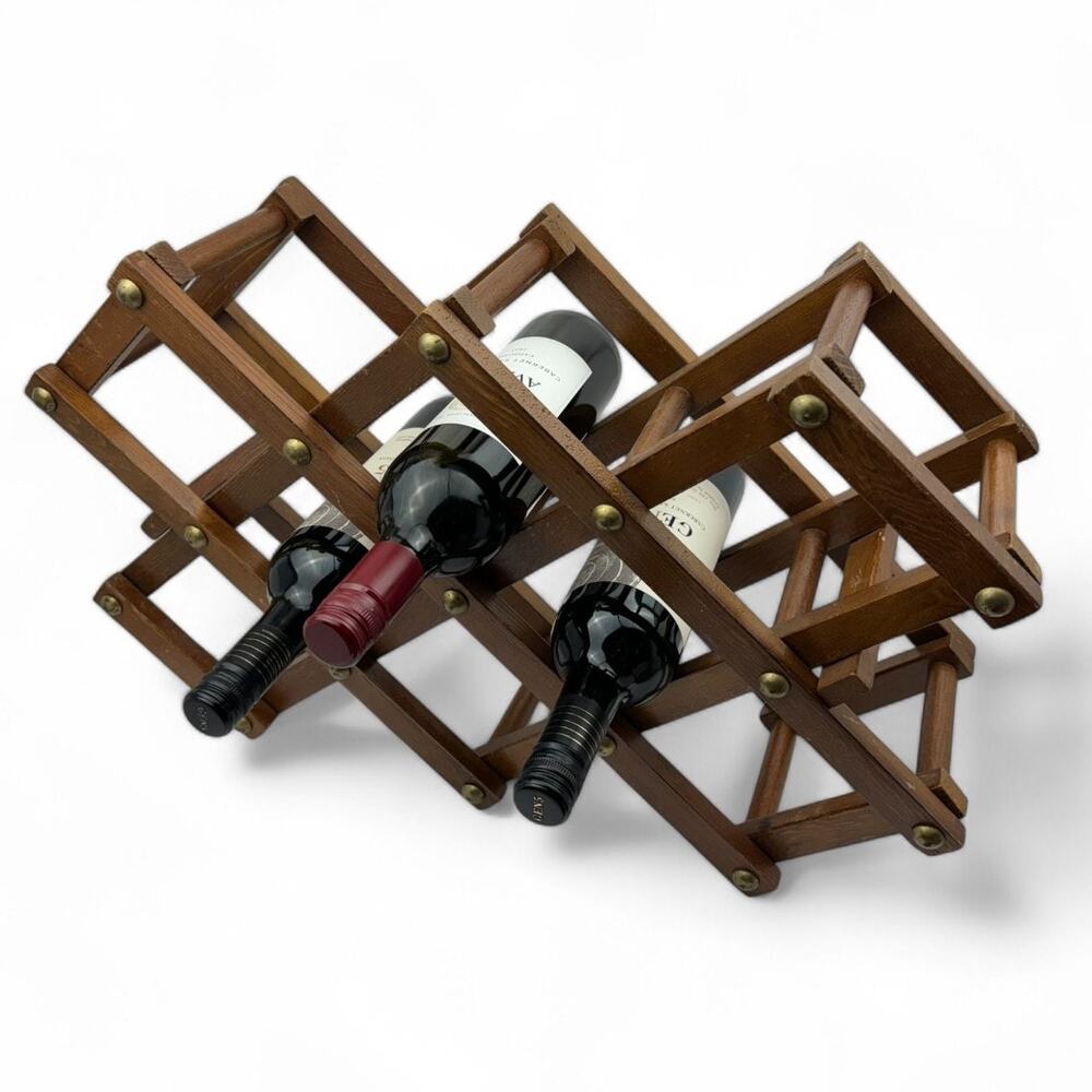 Vintage Wooden Collapsible Wine Rack with Brass Accents